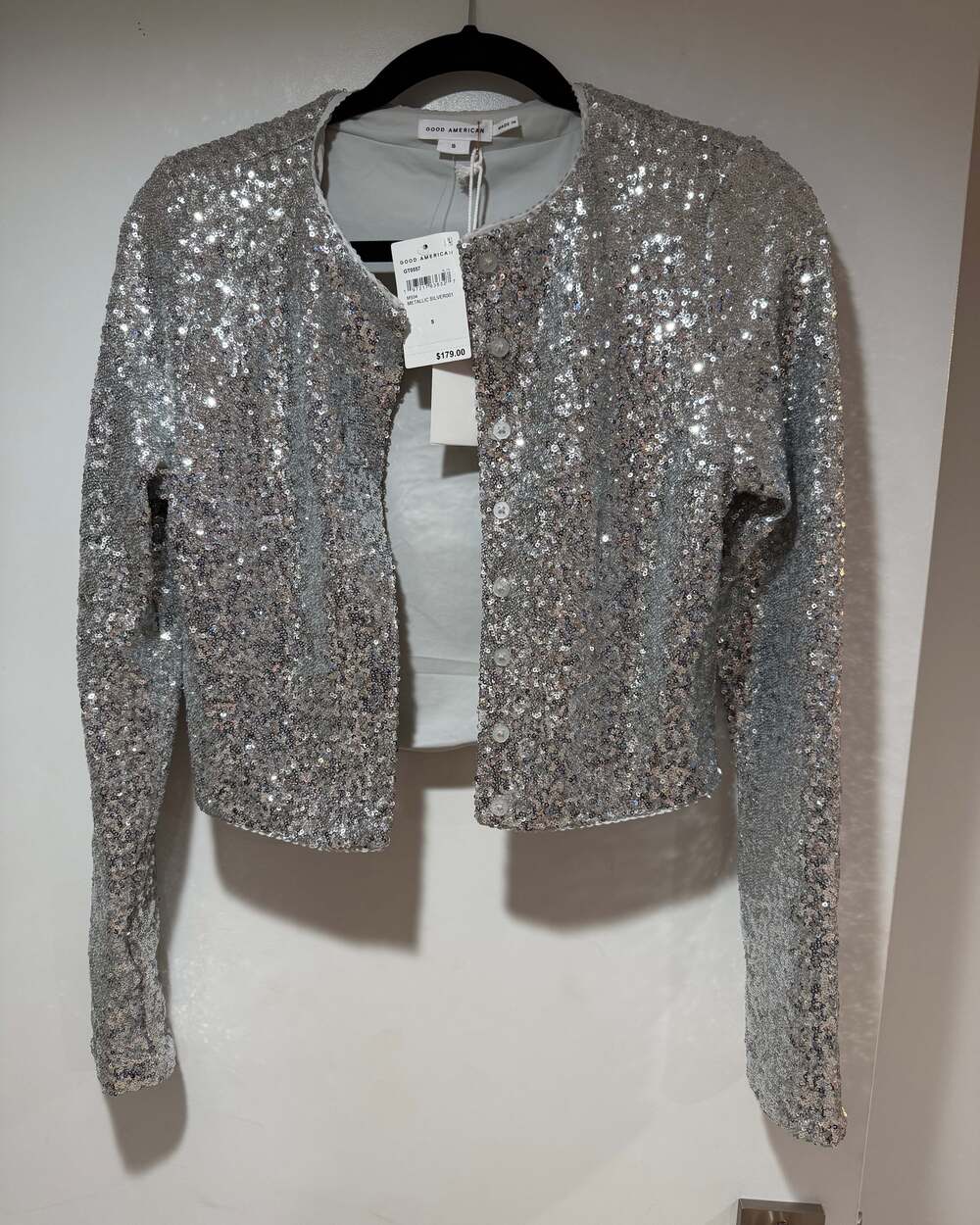 NWT Good American Cropped Silver Sequin Cardigan - size Small